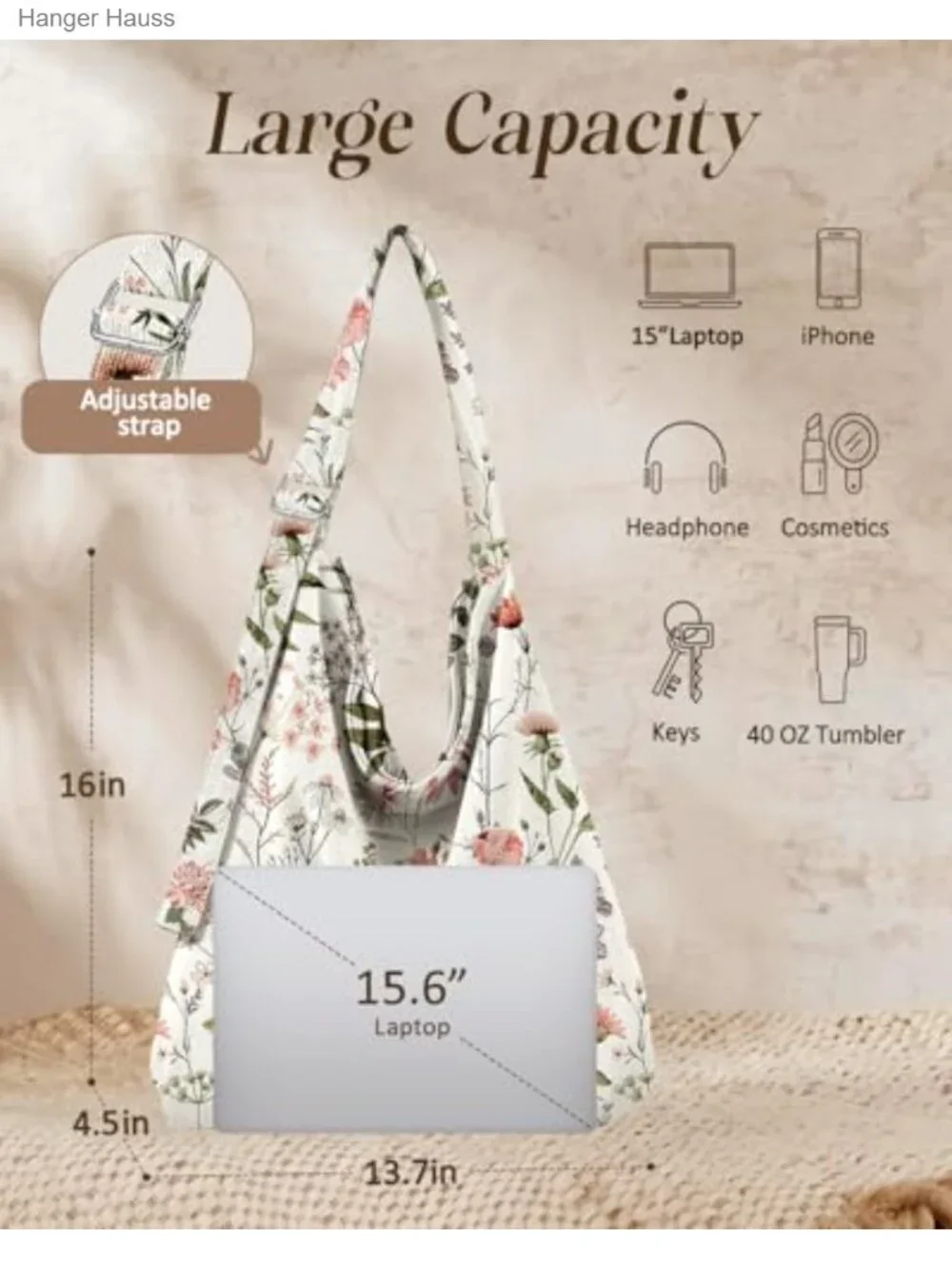 Corduroy Hobo Bag Women Large Zipper Tote Shoulder Crossbody Travel Work